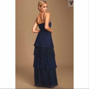 Navy Blue Pleated Lace Maxi Dress